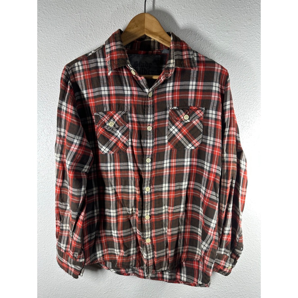 Slade Wilder Button Down Mens S Red Brown Plaid Flannel Shirt Long Sleeve Cotton